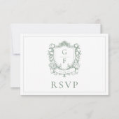 Sage Green Monogram Crest Franse Rozen Huwelijk RSVP Kaartje (Voorkant)