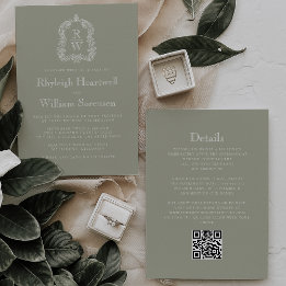 Sage Green Monogram Crest QR Code Huwelijk Kaart