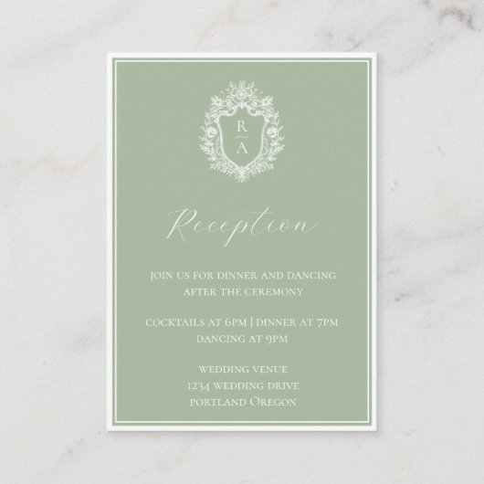 Sage Green Monogram Crest Receptie Details Informatiekaartje (Voorkant)
