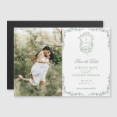 Sage Green Monogram  Crest Sla de datum op Magnetische Uitnodiging (Voorkant / Achterkant)