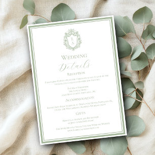 Sage Green Monogram Crest Wedding Details Informatiekaartje