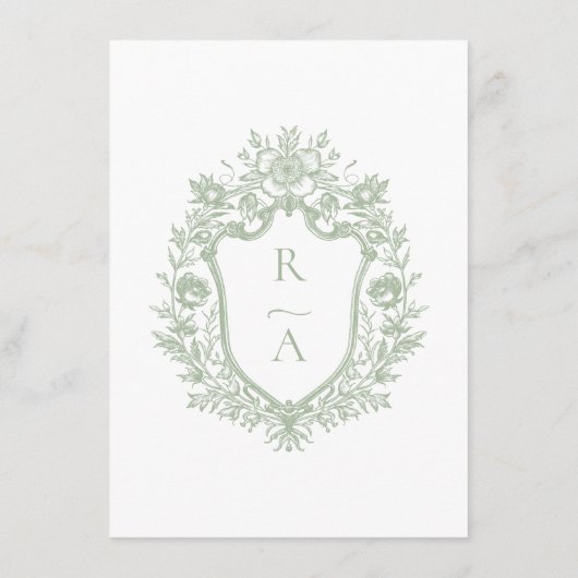 Sage Green Monogram Crest Wedding Details Informatiekaartje (Achterkant)