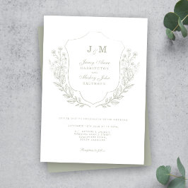 Sage Green Monogram Crest Wedding Invitation Kaart