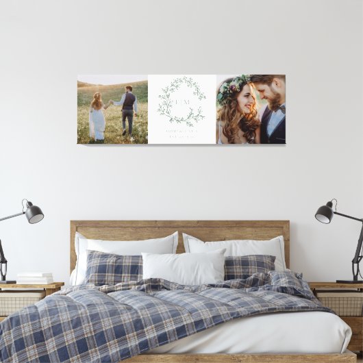 Sage Green Monogram Crest Wedding Keepsake Foto Canvas Afdruk (Insitu (Slaapkamer))