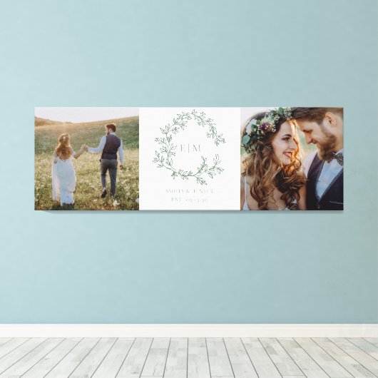 Sage Green Monogram Crest Wedding Keepsake Foto Canvas Afdruk (Insitu (Houten vloer))