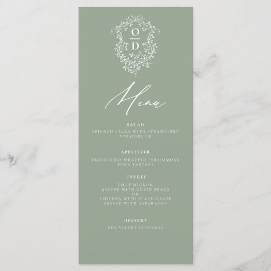 Sage Green Monogram Elegante Trouwreceptie Menu