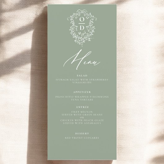 Sage Green Monogram Elegante Trouwreceptie Menu