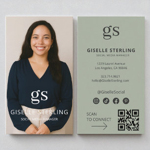 Sage Green Monogram Foto Sociale Media QR Code Visitekaartje