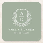 Sage Green Monogram Huwelijk Floral Crest Elegant Kartonnen Onderzetters (Voorkant)