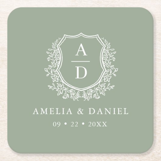 Sage Green Monogram Huwelijk Floral Crest Elegant Kartonnen Onderzetters (Voorkant)