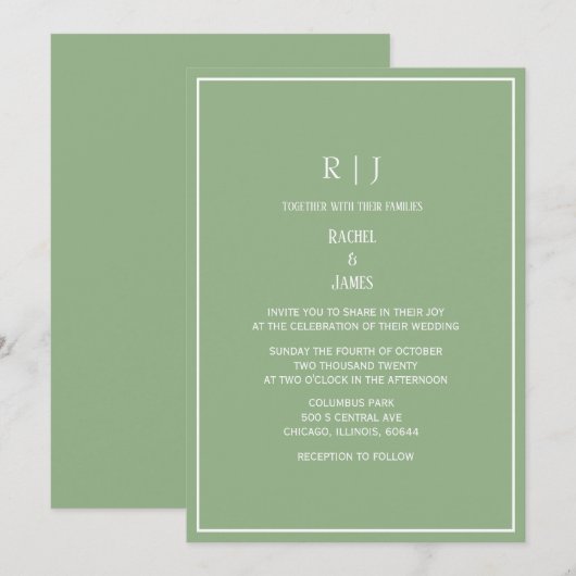 Sage Green Monogram Initials Elegant Wedding Kaart (Voorkant / Achterkant)
