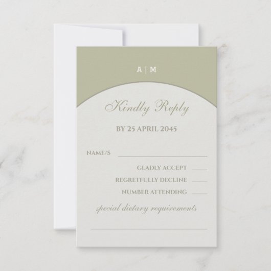 Sage Green Monogram Japandi Huwelijk RSVP Kaart (Voorkant)