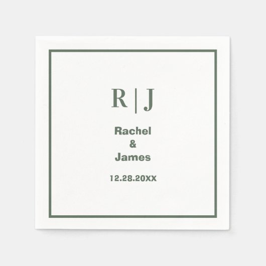 Sage Green Monogram Minimale Elegante Moderne Huwe Servet (Voorkant)