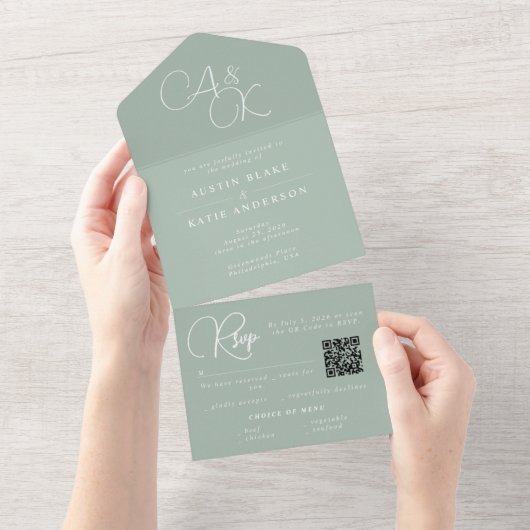 Sage Green Monogram Minimalistische QR-code RSVP All In One Uitnodiging (Afscheurbaar)