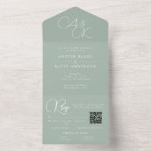 Sage Green Monogram Minimalistische QR-code RSVP All In One Uitnodiging (Binnen)