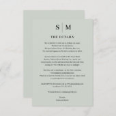 Sage Green Monogram Minimalistische Trouwdetails Informatiekaartje (Voorkant / Achterkant)