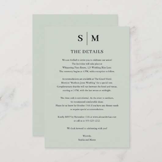 Sage Green Monogram Minimalistische Trouwdetails Informatiekaartje (Voorkant / Achterkant)