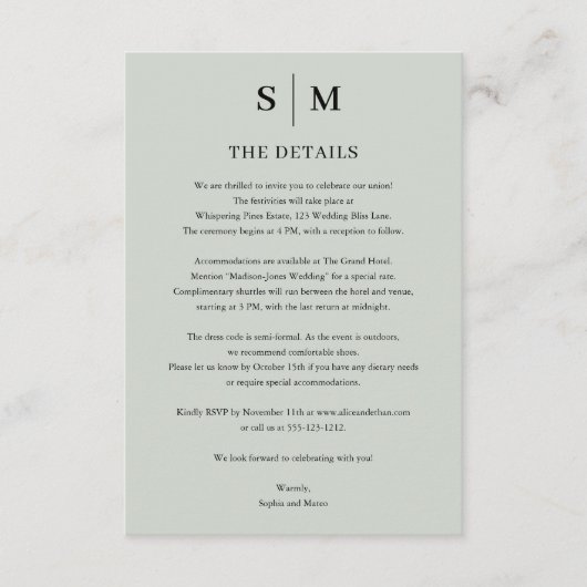 Sage Green Monogram Minimalistische Trouwdetails Informatiekaartje (Voorkant)