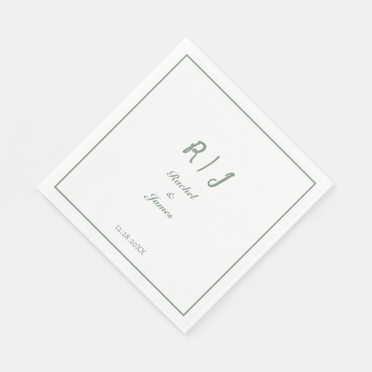 Sage Green Monogram Naam Script Elegant Trouwen Servet (Hoek)