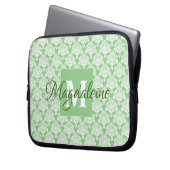 Sage Green Monogram & Name Damask Pattern Laptop Sleeve (Voorkant Links)