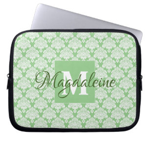 Sage Green Monogram & Name Damask Pattern Laptop Sleeve