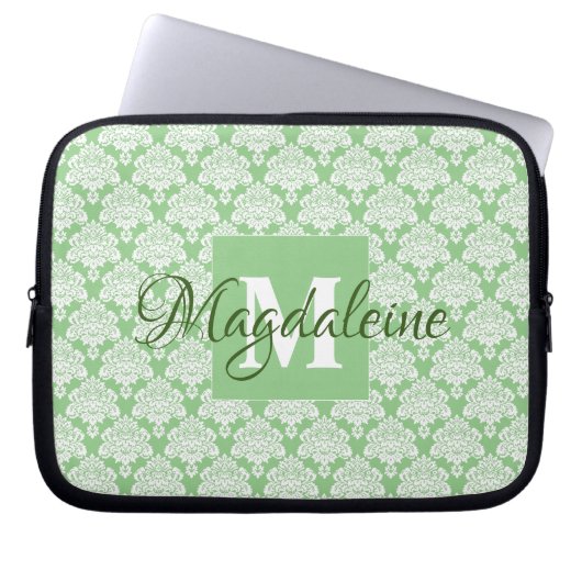 Sage Green Monogram & Name Damask Pattern Laptop Sleeve (Voorkant)