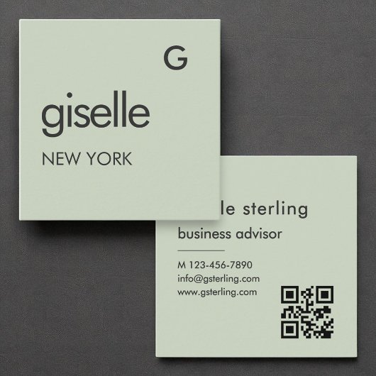 Sage Green Monogram QR Code Minimalist Vierkante Visitekaartje
