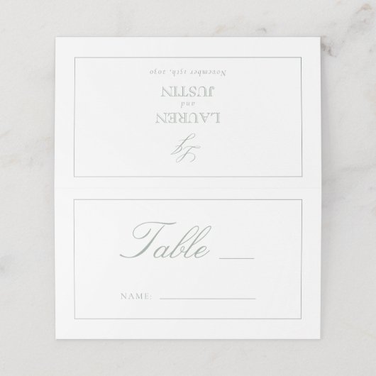 Sage Green Monogram Script Trouwtafel Nummer Plaatskaartje (Buitenkant ongevouwen)