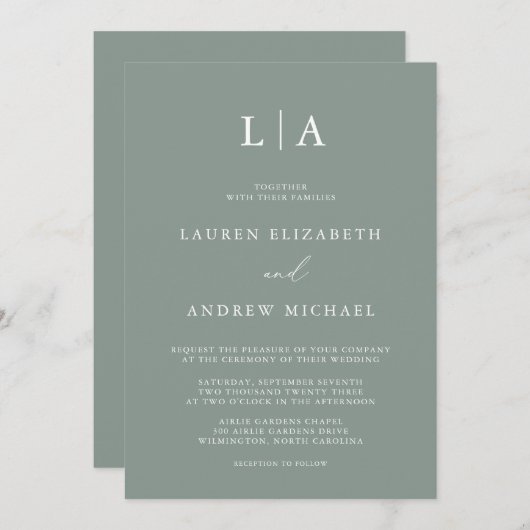 Sage Green Monogram Simple Minimalist Weddenschap Kaart (Voorkant / Achterkant)
