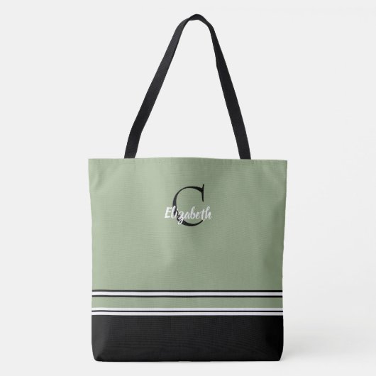 Sage Green Monogram Stripes Personalized Tote Bag (Voorkant)
