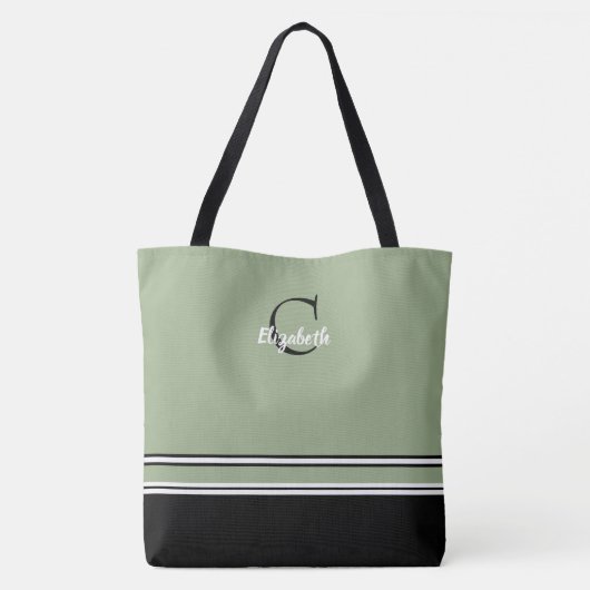 Sage Green Monogram Stripes Personalized  Tote Bag (Achterkant)