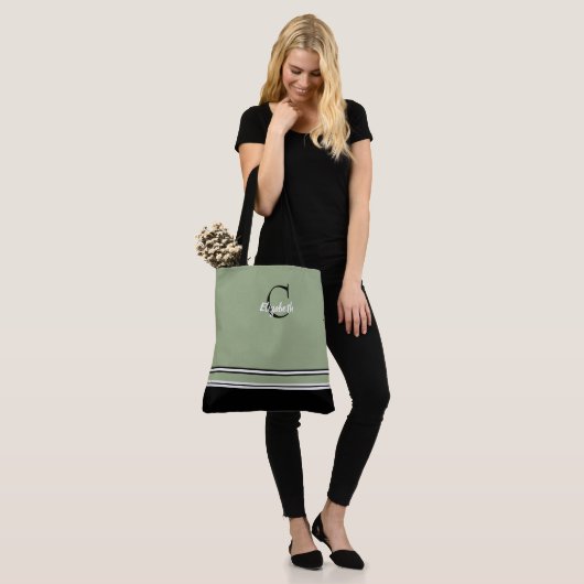 Sage Green Monogram Stripes Personalized  Tote Bag (Op model)