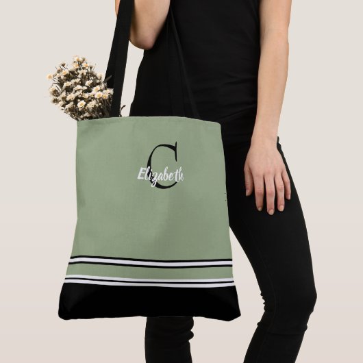Sage Green Monogram Stripes Personalized  Tote Bag (Dichtbij)