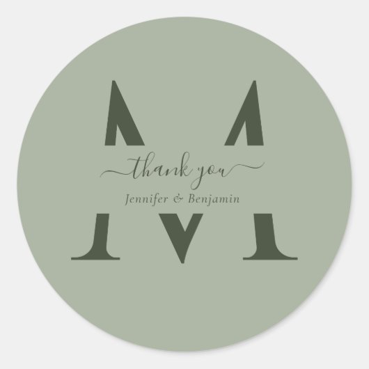 Sage Green Monogram Weddenschap Favor Bedankt Ronde Sticker (Voorkant)