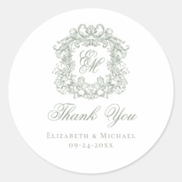 Sage Green Monogram Wedding Crest Thank You Ronde Sticker