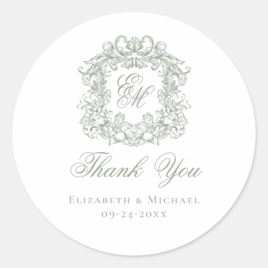 Sage Green Monogram Wedding Crest Thank You Ronde Sticker (Voorkant)