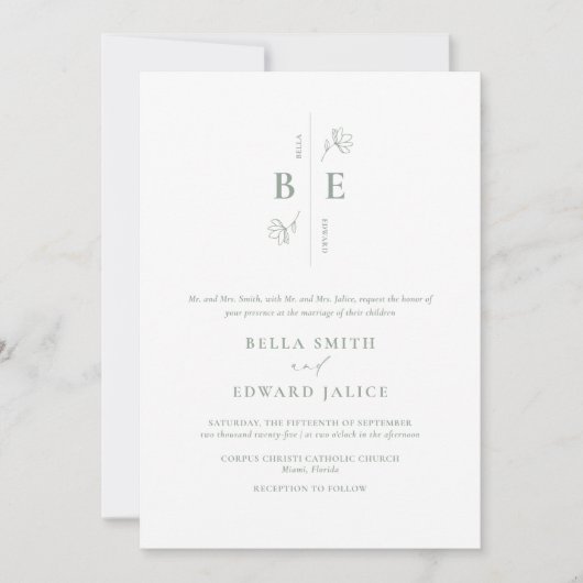Sage Green Monogram Wedding Kaart (Voorkant)