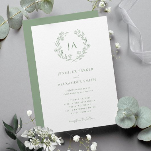 Sage Green Monogram Wedding Kaart
