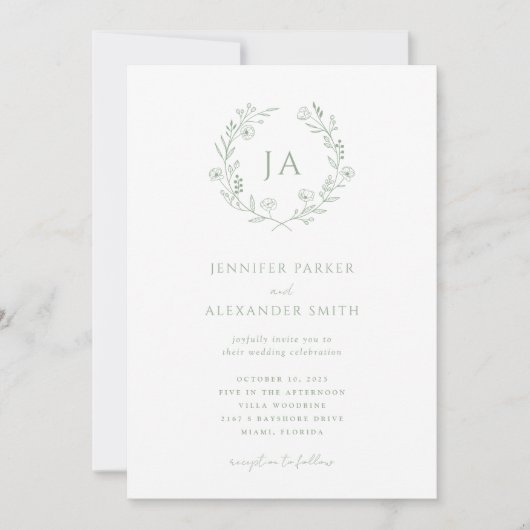 Sage Green Monogram Wedding Kaart (Voorkant)