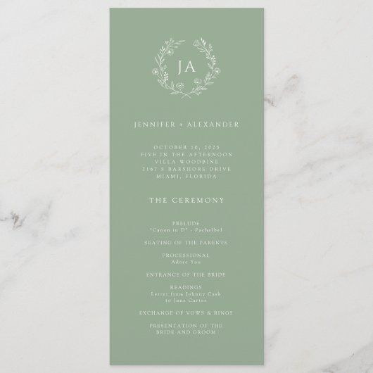 Sage Green Monogram Wedding Programmakaart (Voorkant)