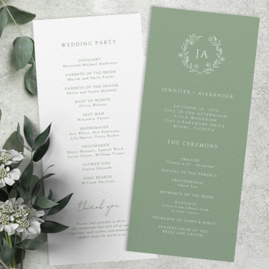 Sage Green Monogram Wedding Programmakaart