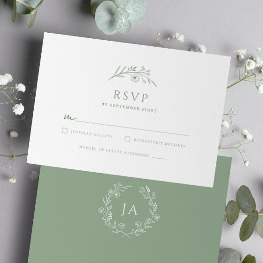 Sage Green Monogram Wedding RSVP Kaartje