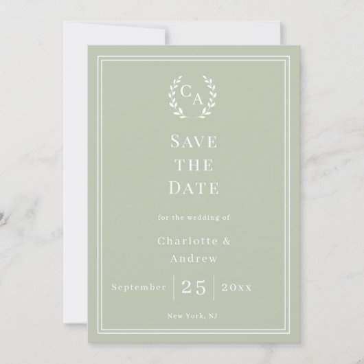 Sage green monogram wreath wedding save the date (Voorkant)