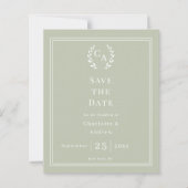 Sage green monogram wreath wedding Save the Date  (Voorkant)
