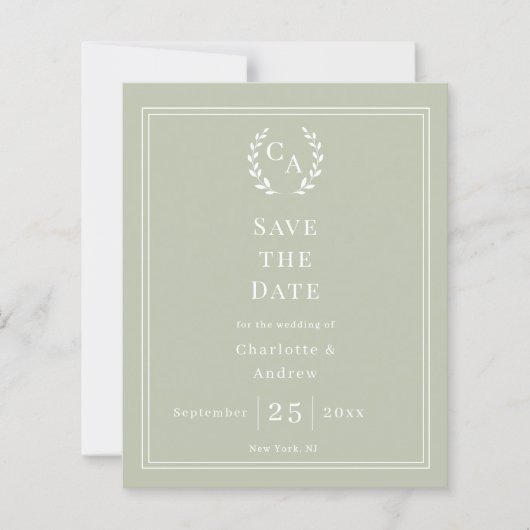 Sage green monogram wreath wedding Save the Date  (Voorkant)