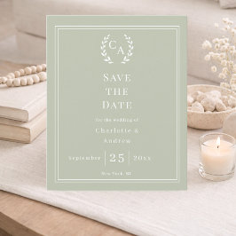 Sage green monogram wreath wedding Save the Date 