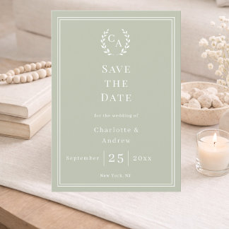 Sage green monogram wreath wedding save the date