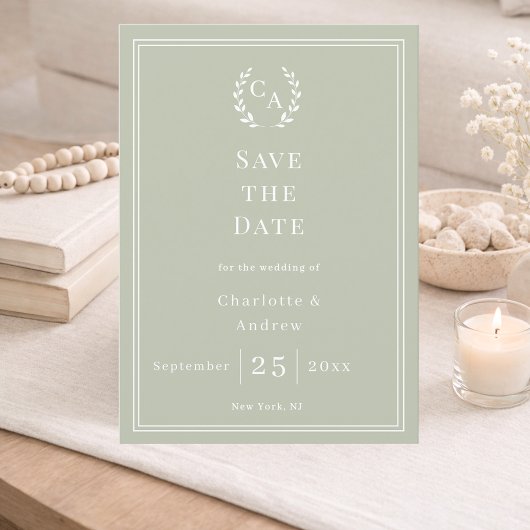 Sage green monogram wreath wedding save the date