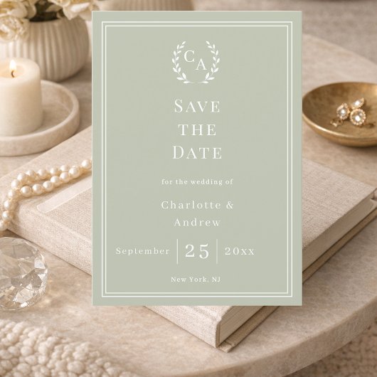Sage green monogram wreath wedding save the date