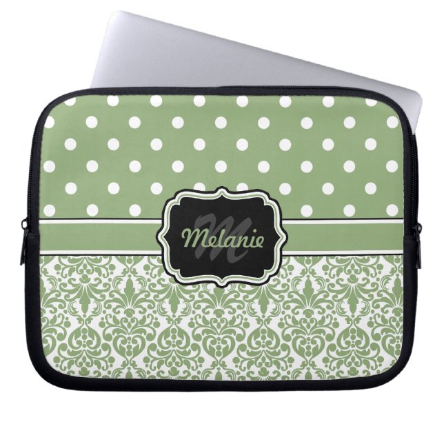 Sage Green Monogrammed Damask Polka Dot Laptop Sleeve (Voorkant)